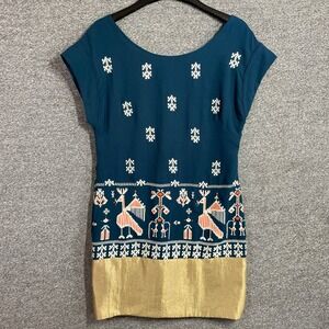 Anthropologie Floreat Dress Size 2 Teal Blue Gold Hem Folk Art Bird Embroidered